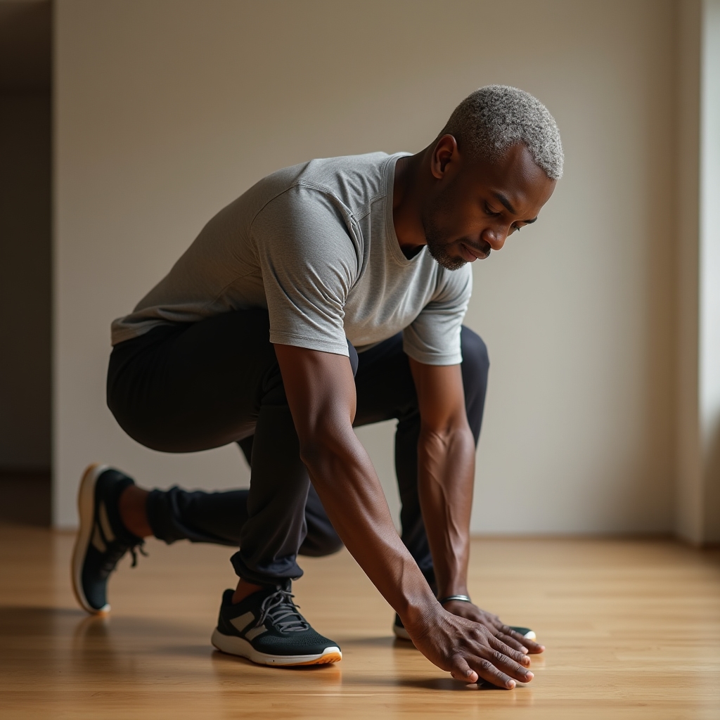 Man demonstrating a hip hinge bending motion to pick up an object from the floor