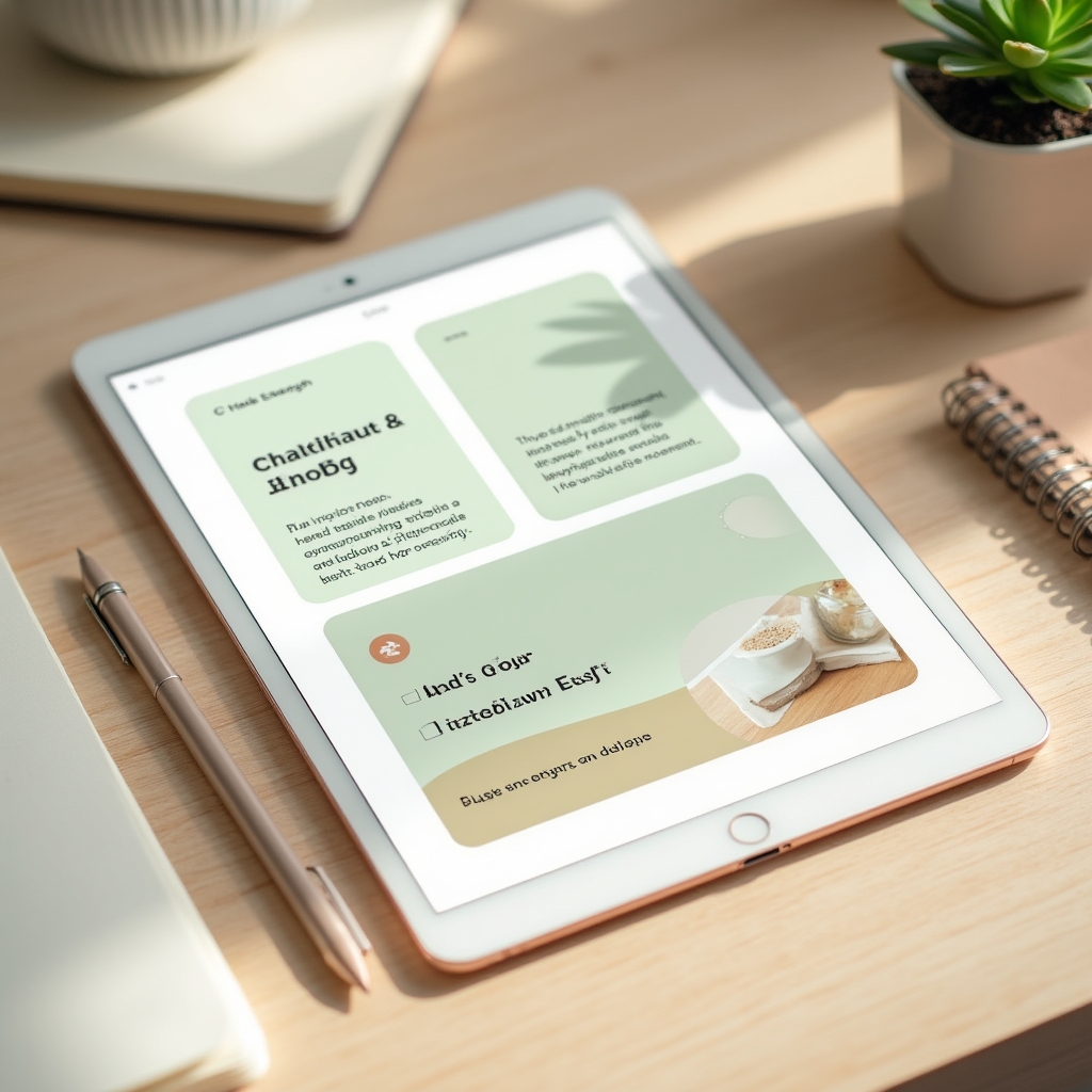 Overview flat lay of a self paced online course dashboard on a tablet device